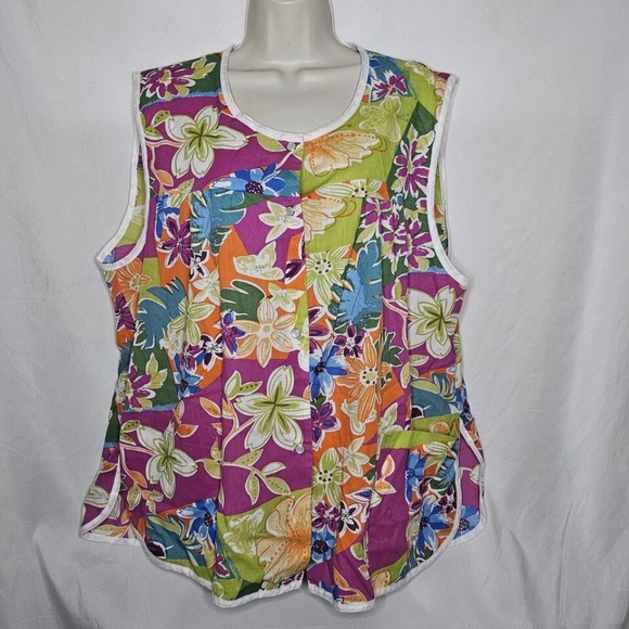 Womens CW Classics Purple Floral Sleeveless Pearl Snap Front Pockets Tank Top 1X - Picture 1 of 7